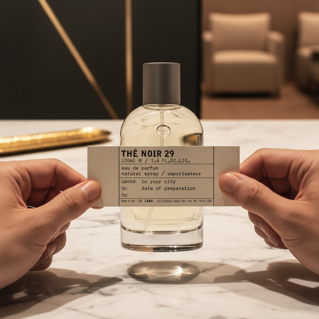 Perfume bottle labeled 'Thé Noir 29' held by hands against a gray background