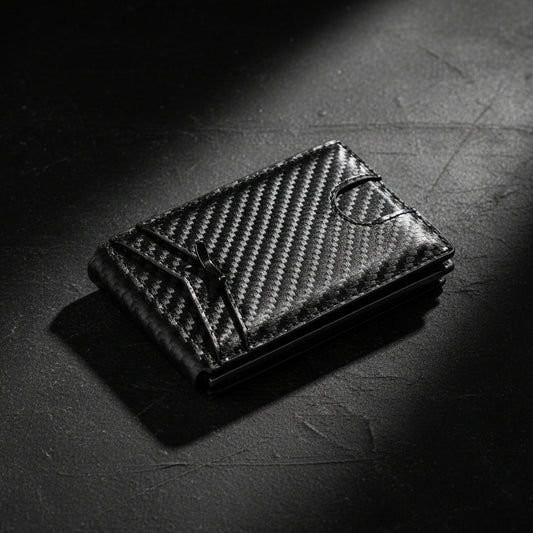 Black carbon fiber wallet on a white background