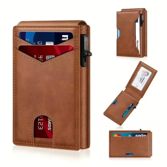 Brown leather wallet with card slots on a white background