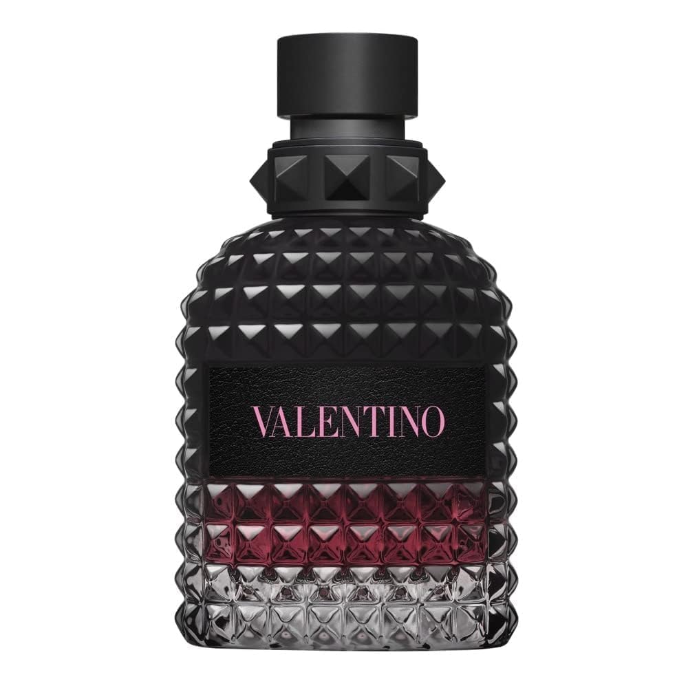 Valentino perfume bottle with black and red design on a white background