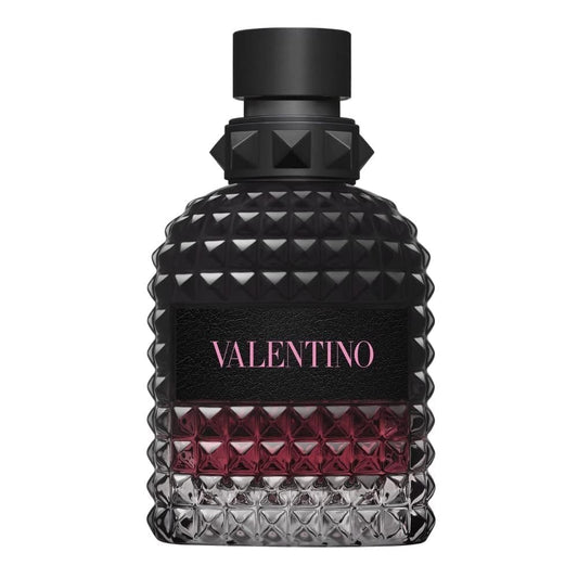 Valentino perfume bottle with black and red design on a white background