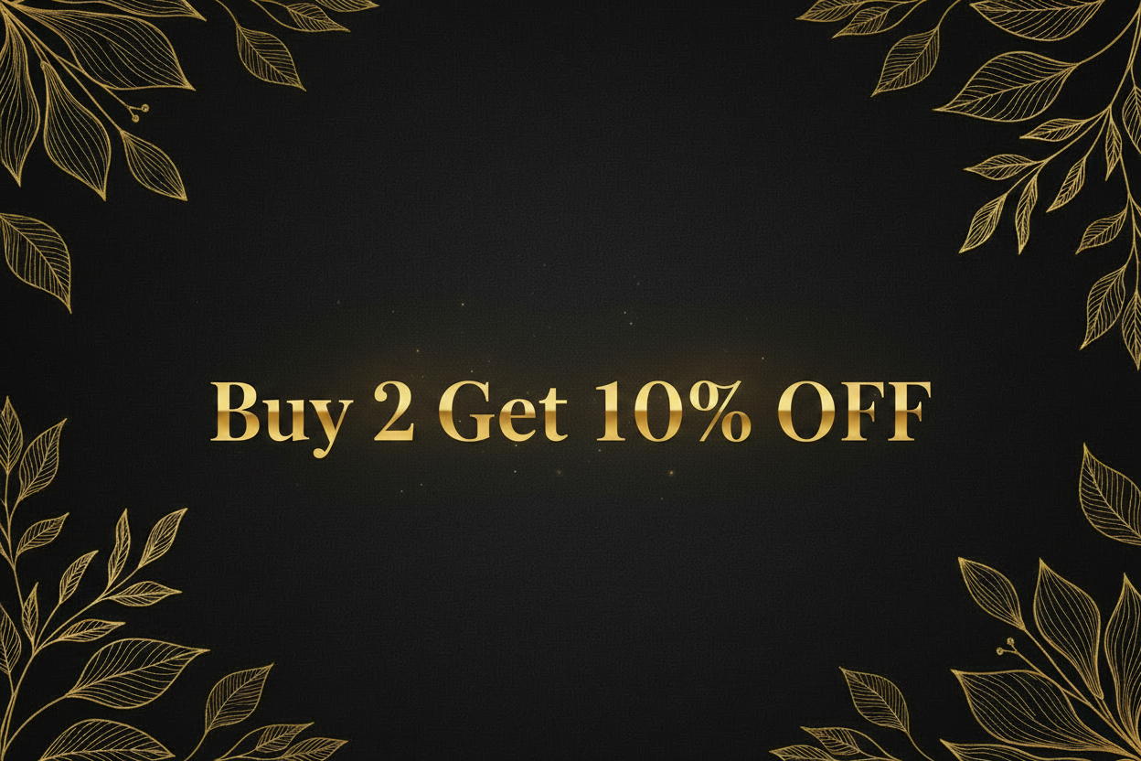 10% OFF text in gold on a black background with decorative leaves.