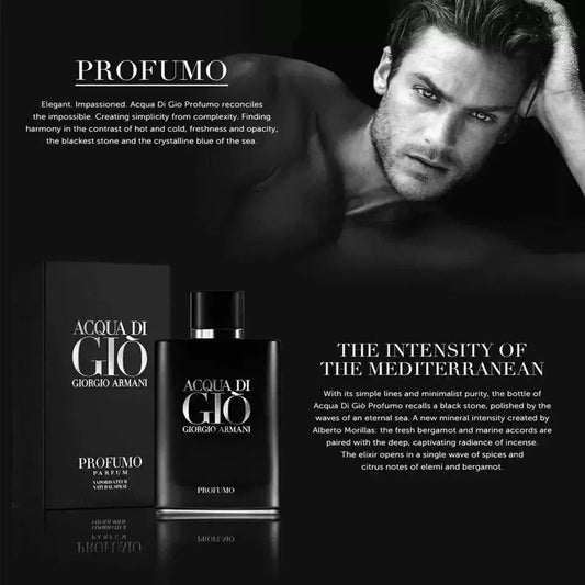 Advertisement for Acqua di Giò Profumo with a man and perfume bottles on a dark background