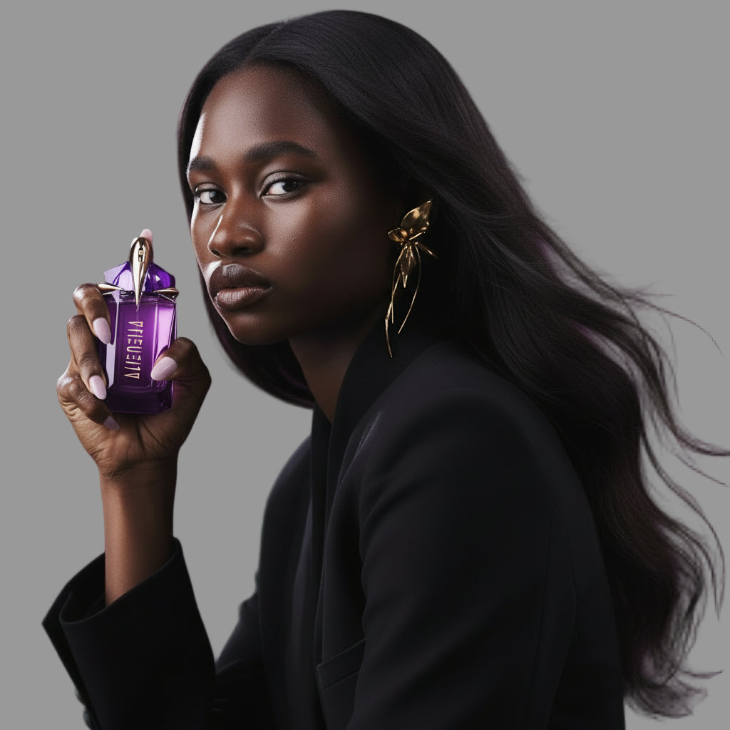 Woman holding a perfume bottle with a purple cap against a light grey background