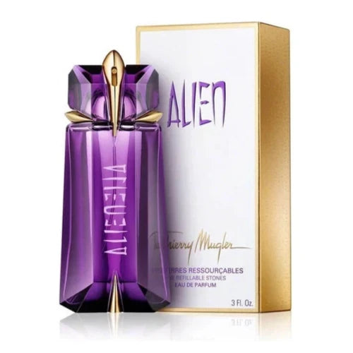 Purple 'Alien' perfume bottle with gold cap and 'Alien' packaging on a white background