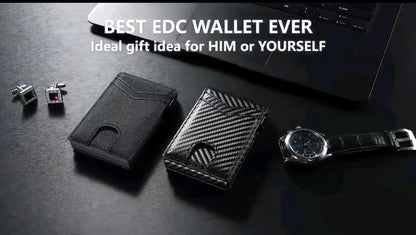 Black wallet, watch, and cufflinks on a dark surface with text 'BEST EDC WALLET EVER' and 'Ideal gift idea for HIM or YOURSELF'.