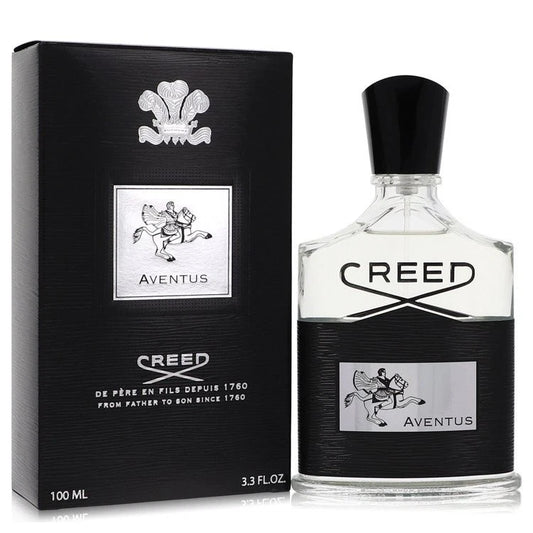 Creed Aventus perfume bottle and packaging on a white background