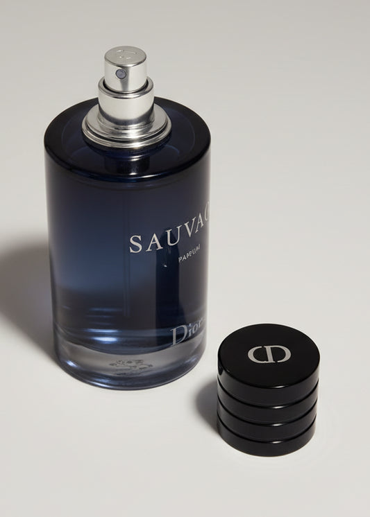 Dior Sauvage perfume bottle with cap on a textured surface
