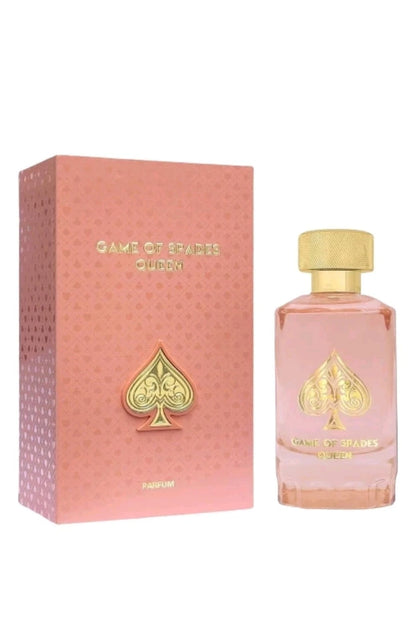 Game of Thrones Queen Parfum bottle and its pink packaging box, both featuring a gold spade logo and gold lettering on a white background.