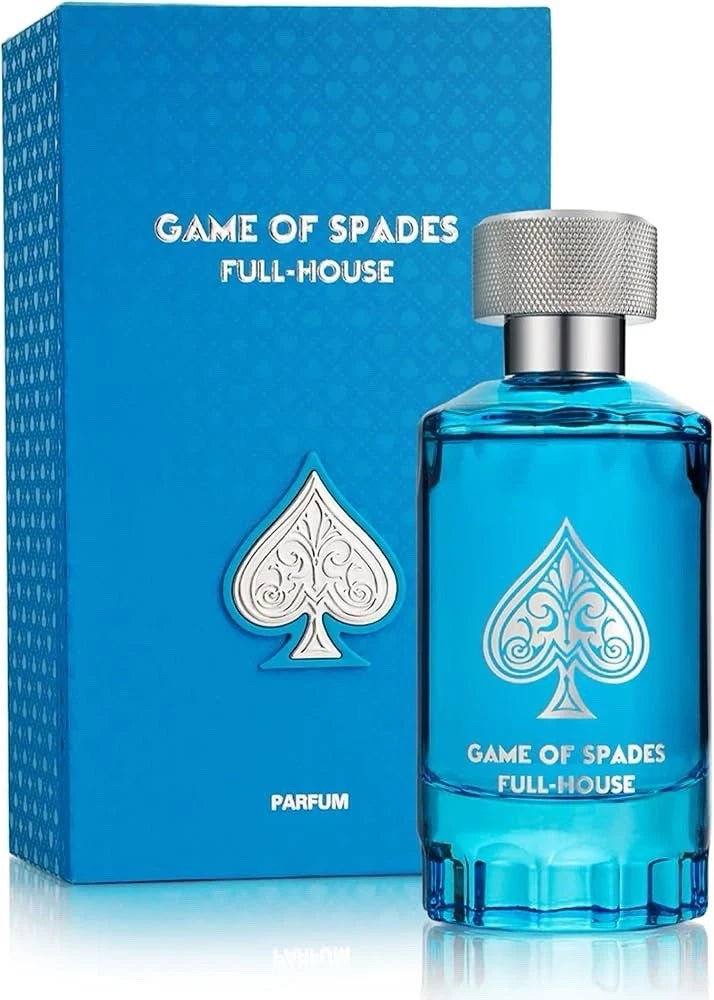 Blue perfume bottle with 'Game of Spades Full-House' packaging on a white background