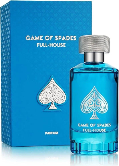 Blue perfume bottle with 'Game of Spades Full-House' packaging on a white background