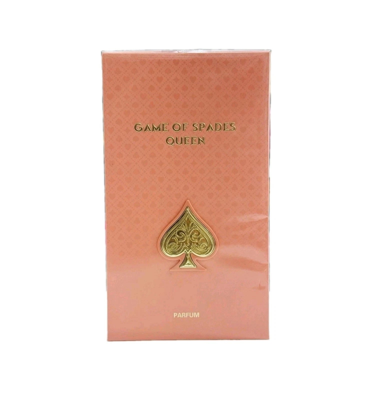 Game of Spades Queen Parfum box in a peach-pink color with a gold spade emblem and gold lettering, set against a plain white background.