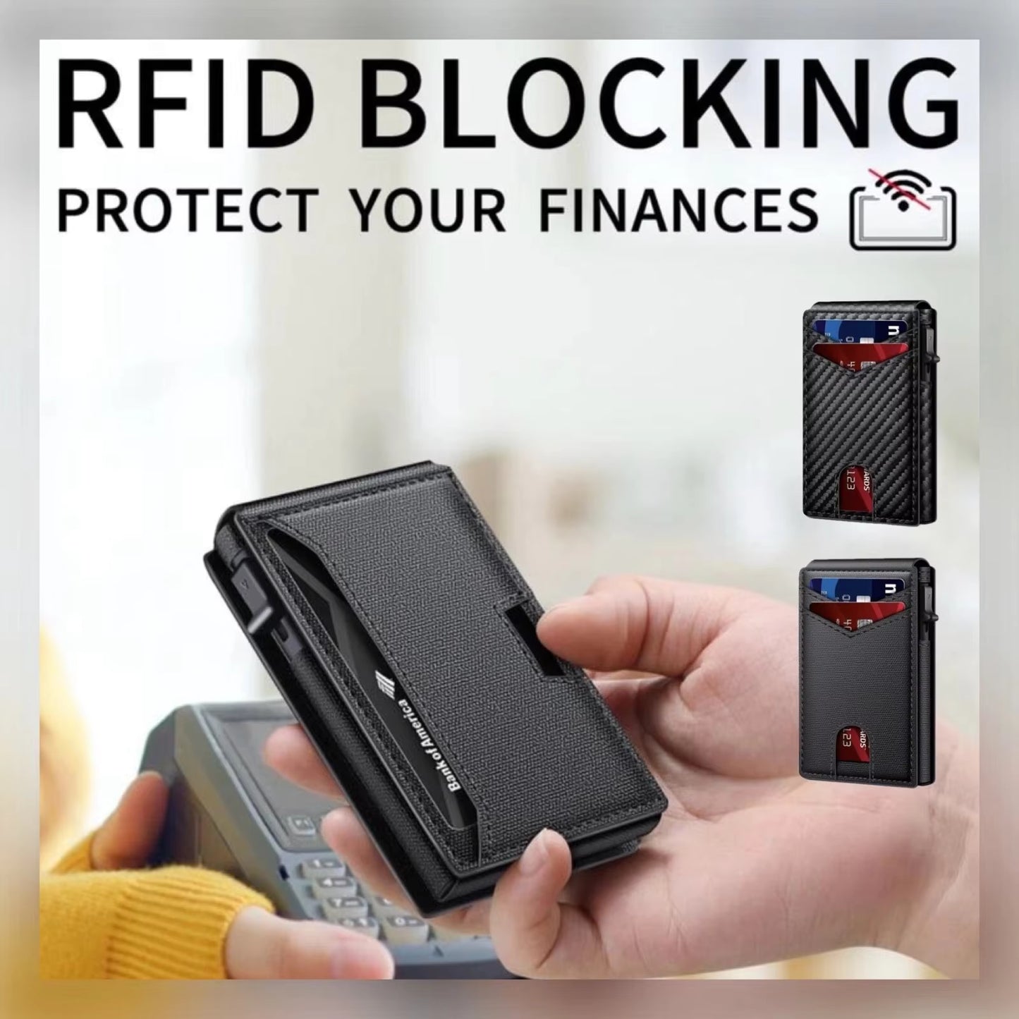 Men's Wallet Minimalist Carbon Fiber RFID Blocking- Pop-Up Card holder