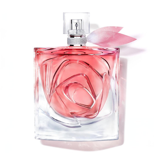 Pink perfume bottle with a flower on a white background