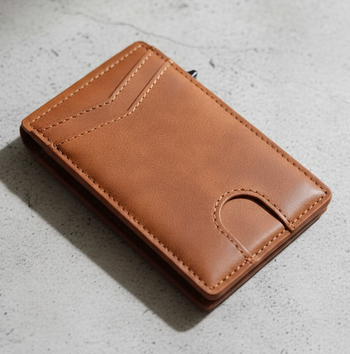 Brown leather wallet on a light gray surface
