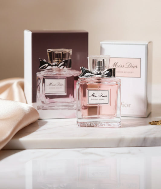 Miss Dior perfume box on a feminine Background 