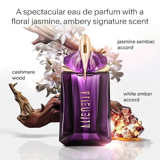 Purple perfume bottle with floral and wooden elements on a white background