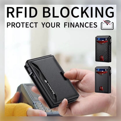 RFID blocking wallet held by a hand with text 'Protect Your Finances' on a blurred background