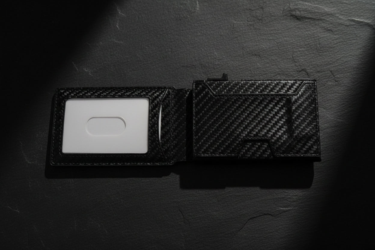 Black carbon fiber wallet on a white background