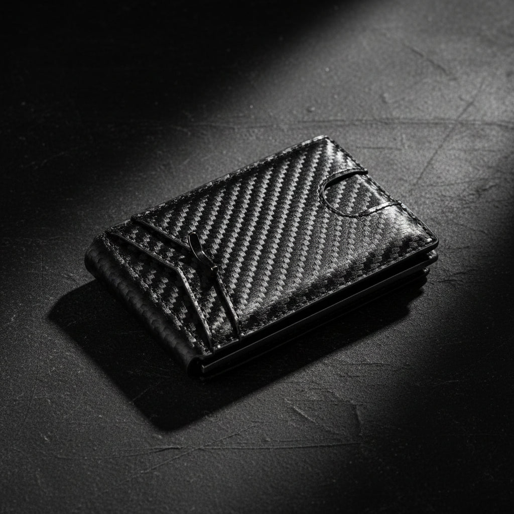 Black carbon fiber wallet on a white background