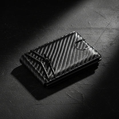 Black carbon fiber wallet on a white background