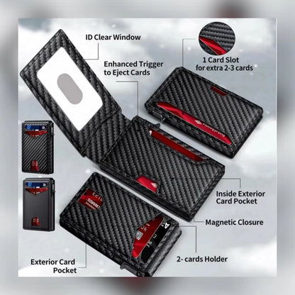 Cardholder with features highlighted on a gray background
