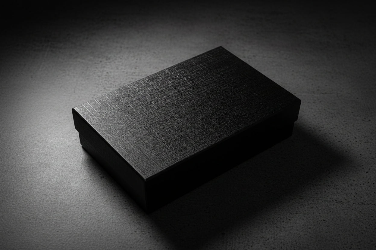 Black textured box on a white surface