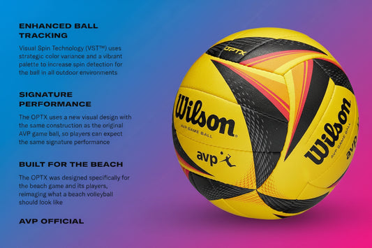 Yellow and black Wilson volleyball with branding and text about features on a light gray background