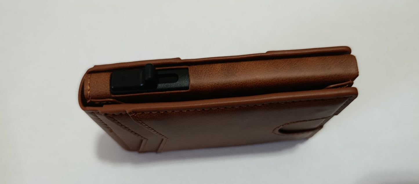 Brown leather wallet on a white surface