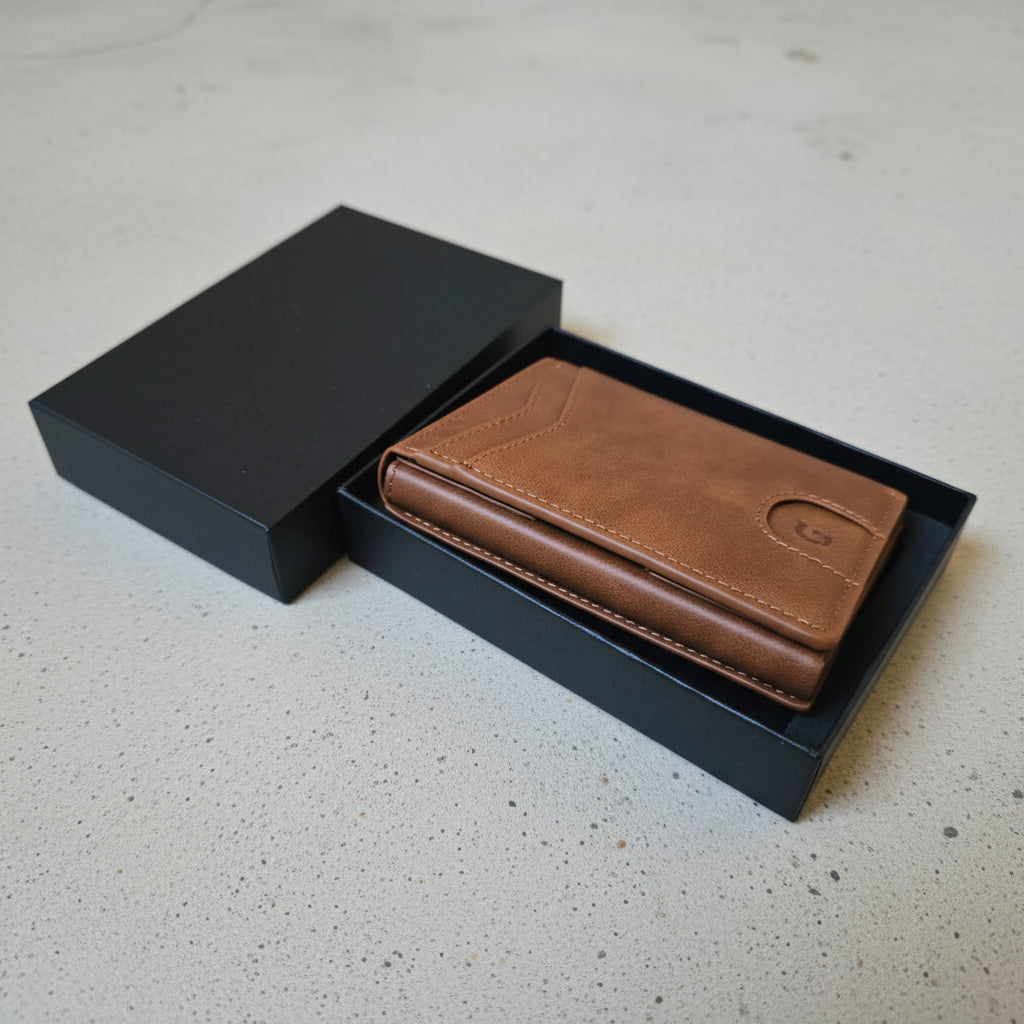 Brown leather wallet in a black box on a textured surface