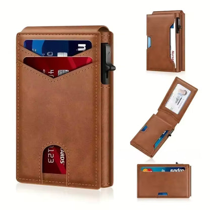Brown leather wallet with card slots on a white background