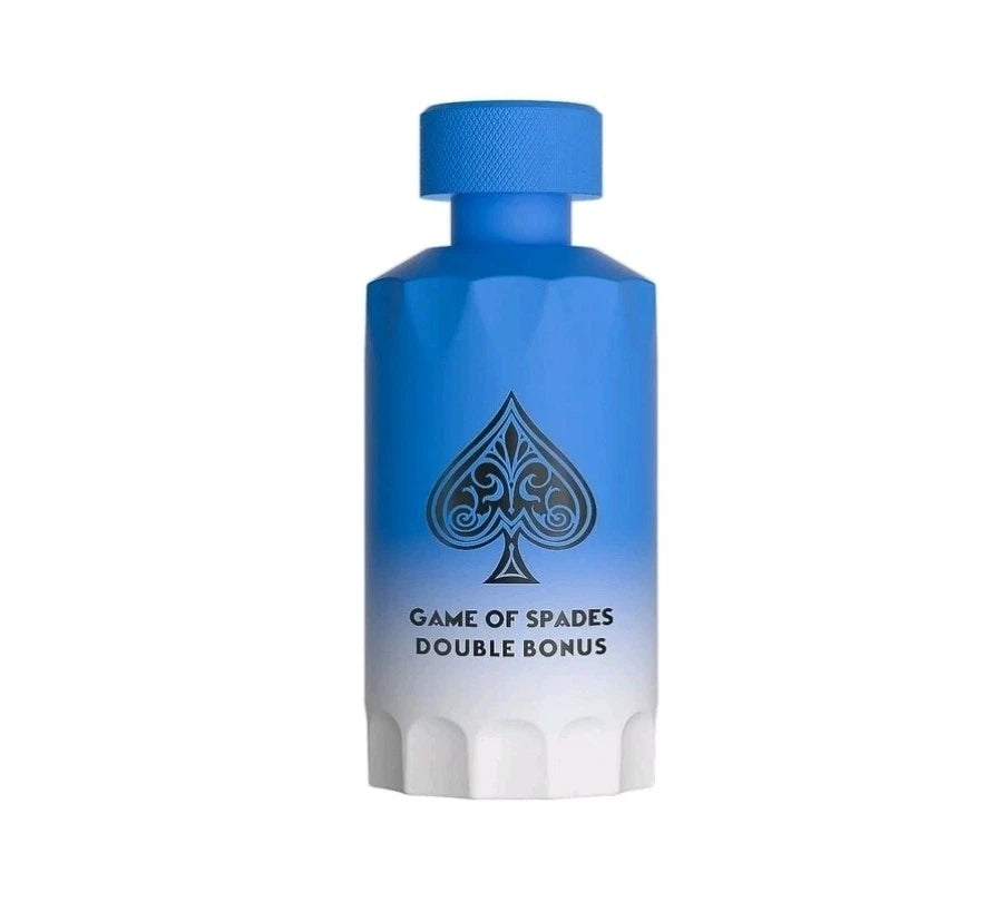 A blue faceted bottle with a white base and a black spade graphic, labeled 'GAME OF SPADES DOUBLE BONUS' on a plain white background.