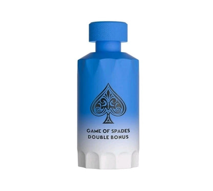 A blue faceted bottle with a white base and a black spade graphic, labeled 'GAME OF SPADES DOUBLE BONUS' on a plain white background.
