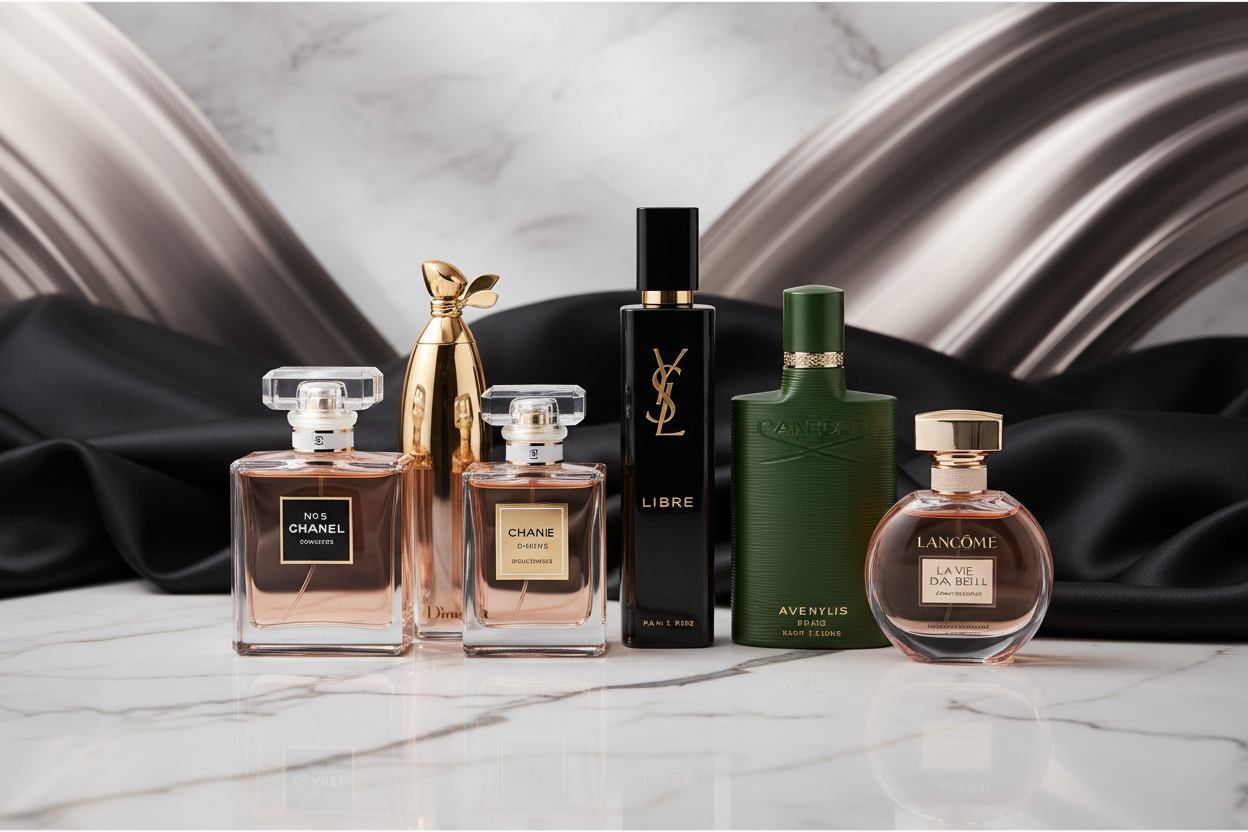 generate an image with luxurious and sophistaicated background for a website banner containg high end beautiful perfume bottles like chanel dior YSL creed lancome