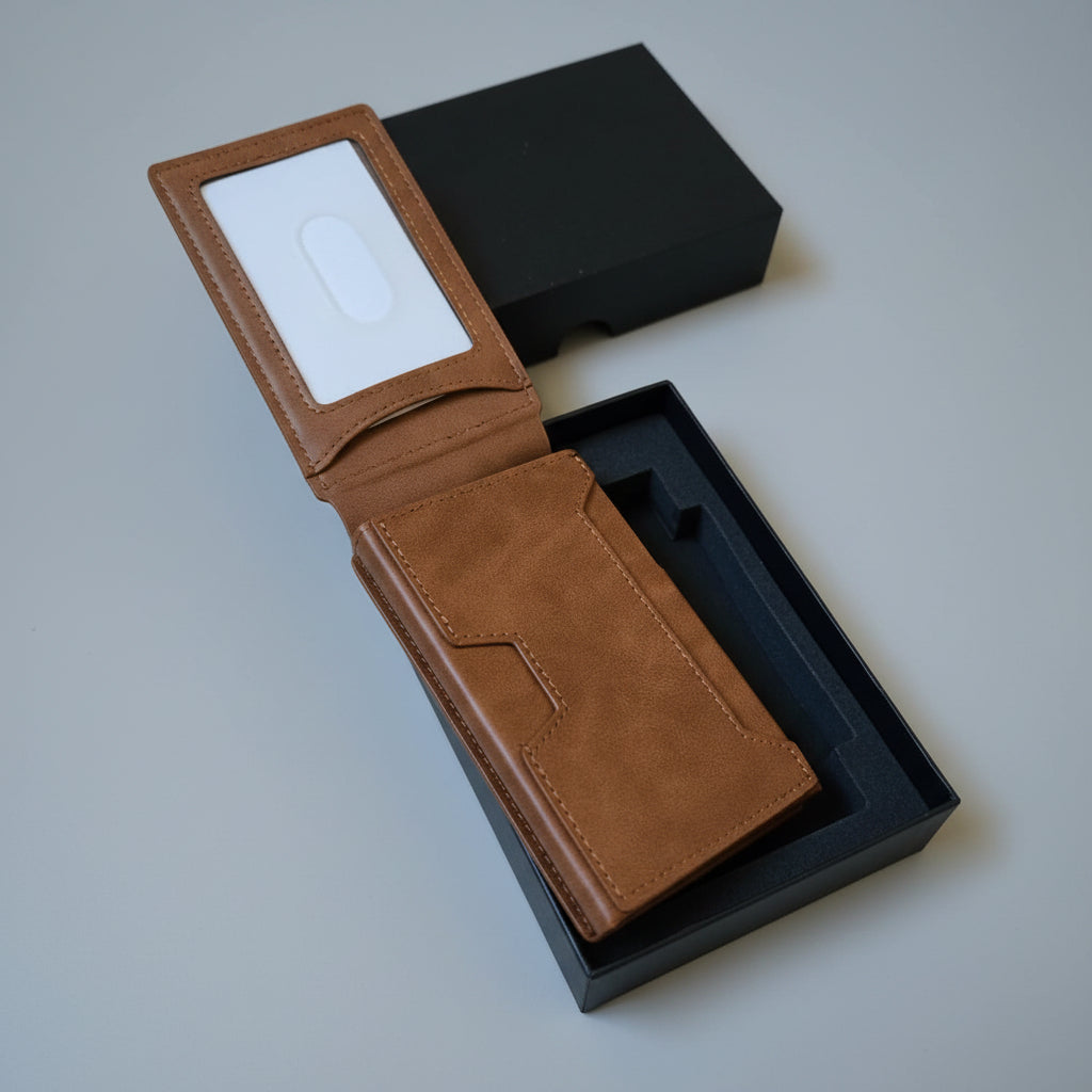 Brown leather wallet with a card holder on a beige textured surface