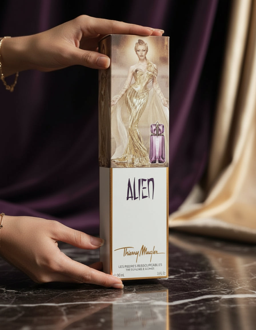 Thierry Mugler Alien perfume packaging on a textured gray surface