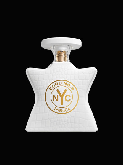 White perfume bottle with gold 'Bond No. 9 NYC Tribeca' logo on a white background