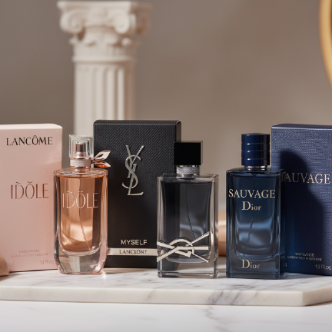 real perfumes  like YSL myself Lancome Sauvage with packing  on attaractive background